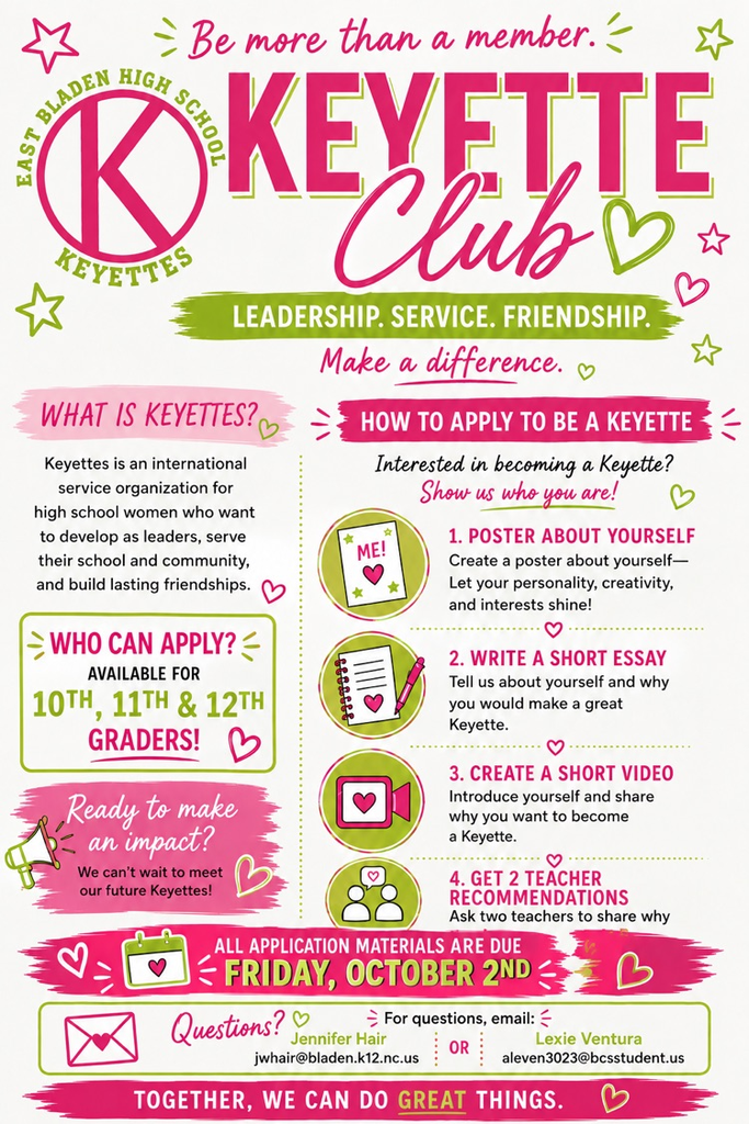 pink white and lime green flyer advertising how to join a club. There are different emblems like a camera piece of mail, megaphone hearts.