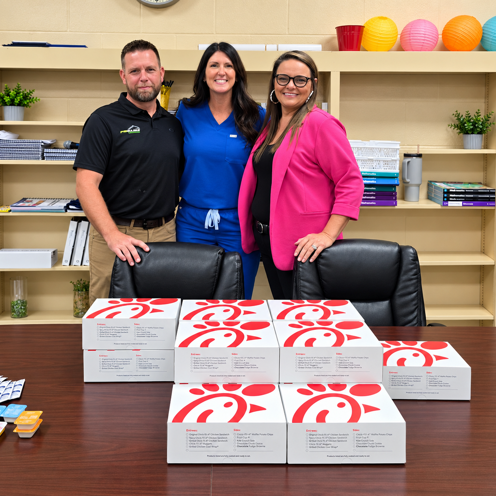 BMS staff members posing with Chick-fil-A lunches as a large catered meal is prepared for staff appreciation.