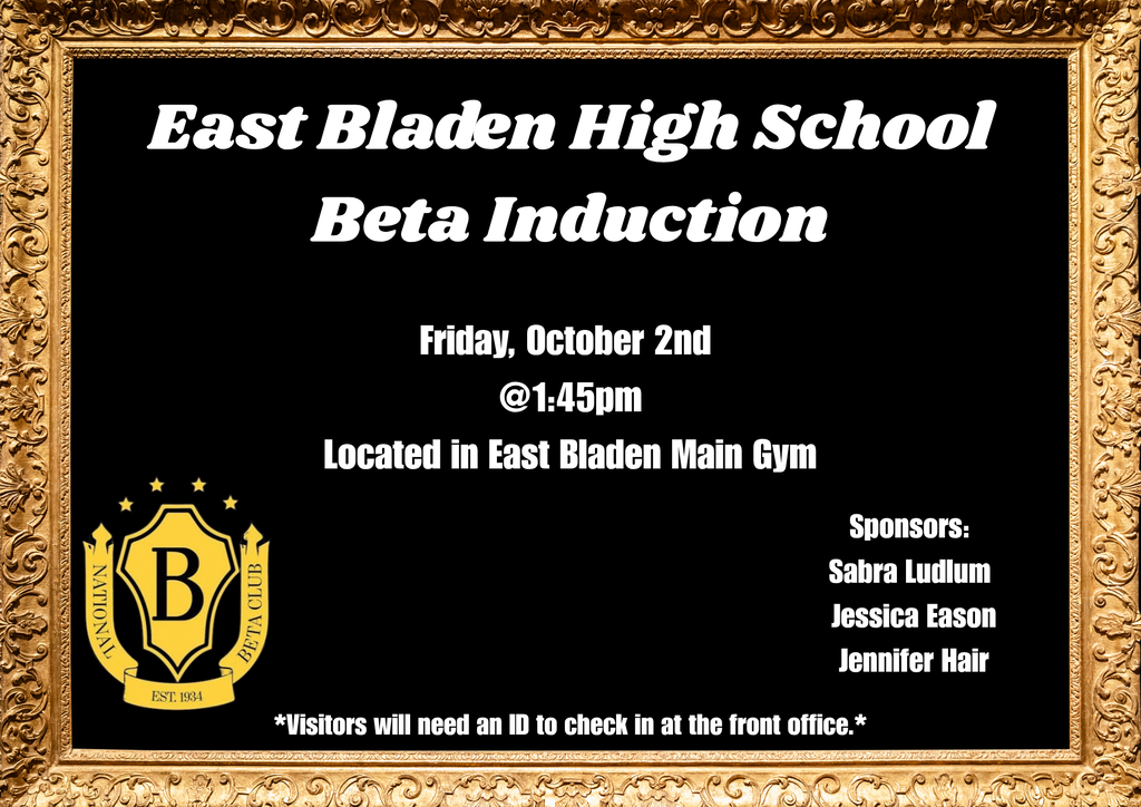 black flyer with gold frame. Beta symbol at bottom and induction ceremony details are included. 