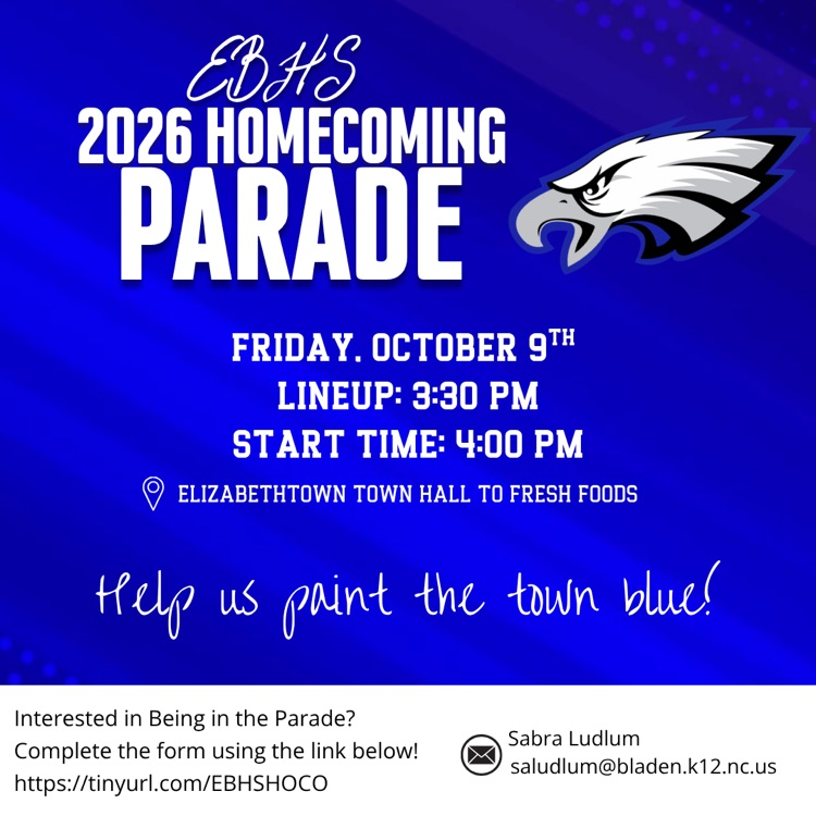 Blue striped background flyer with an eagle on it announcing the 2026 homecoming, parade and support painting the town blue, along with contact information and location and times
