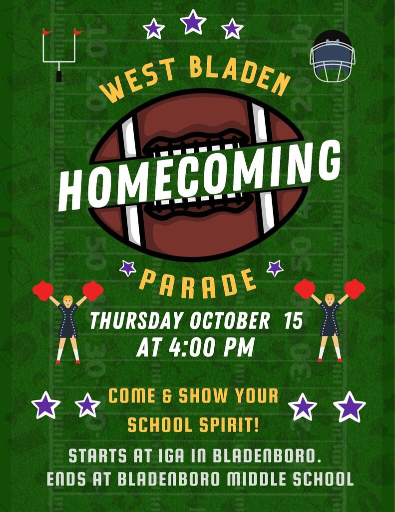 West Bladen Homecoming Parade graphic. Thursday, October 15 at 4:00 PM. Parade starts at IGA in Bladenboro and ends at Bladenboro Middle School. Come & show your school spirit!