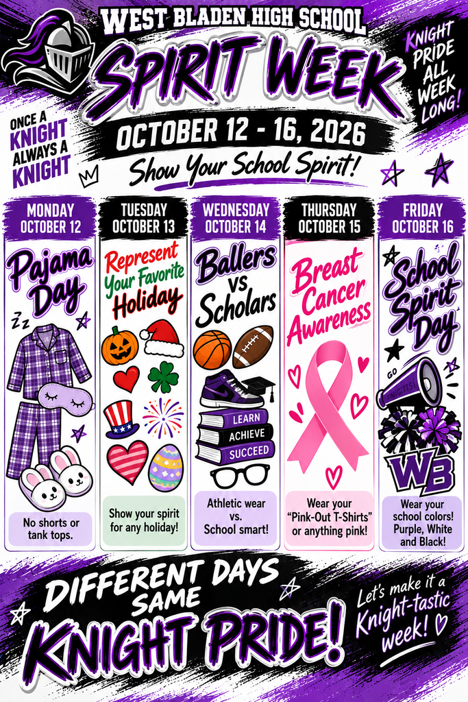 Graphic flyer for West Bladen High School Spirit Week, October 12–16, 2026. Daily themes include Monday: Pajama Day, Tuesday: Represent Your Favorite Holiday, Wednesday: Ballers vs. Scholars, Thursday: Breast Cancer Awareness, and Friday: School Spirit Day.