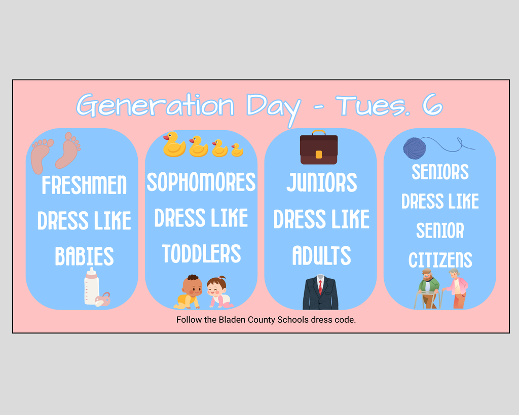 pink flyer with blue squares, pictures of ducks, babies, bottles, suit, brief case, yarn and old people to show how to dress for generation day. 