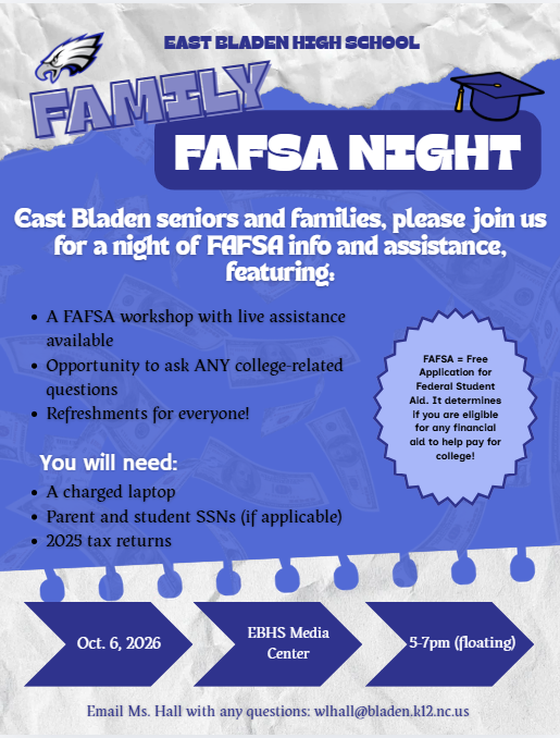 blue and white flyer with an eagle on it about fafsa night. There is a graduation cap and info about what you need. 
