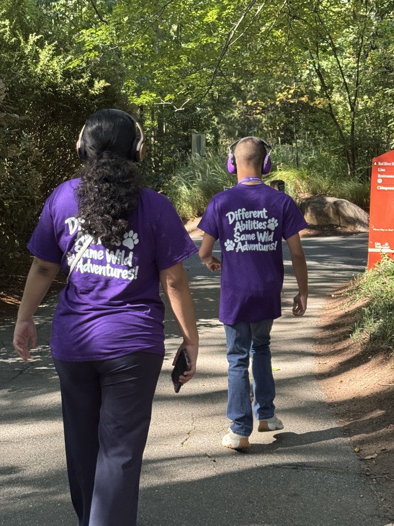 A male and female student in purple shirts walking around the zoo, the backs of the purple shirts say different abilities, same wild adventure