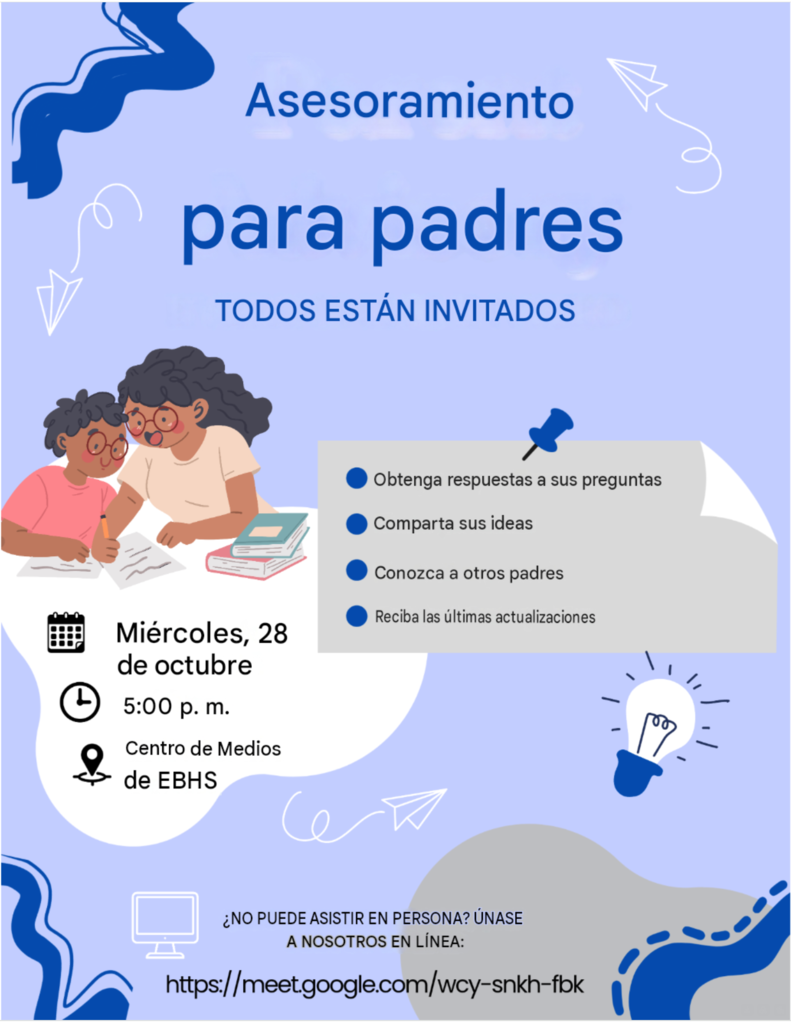 In Spanish, Blue flyer with a picture of a woman and a young child, a lightbulb, and a clock and location  announcing the parent advisory meeting.