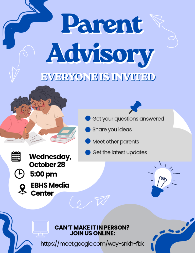 Blue flyer with a picture of a woman and a young child, a lightbulb, and a clock and location  announcing the parent advisory meeting.
