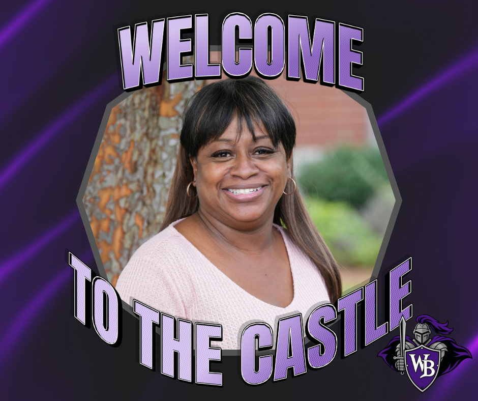 Portrait of smiling educator Sharon Butler framed by text reading "Welcome To The Castle" and WB logo.