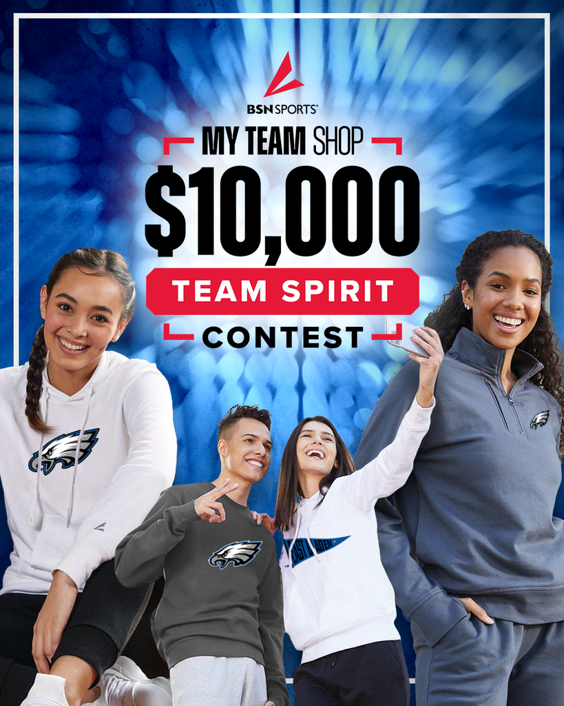 Flyer with blue background, contest announcement, two people posing in Eagle gear taking a selfie, and then a girl on the left in a white Eagle hoodies and a woman on the right with a grey eagle sweatsuit