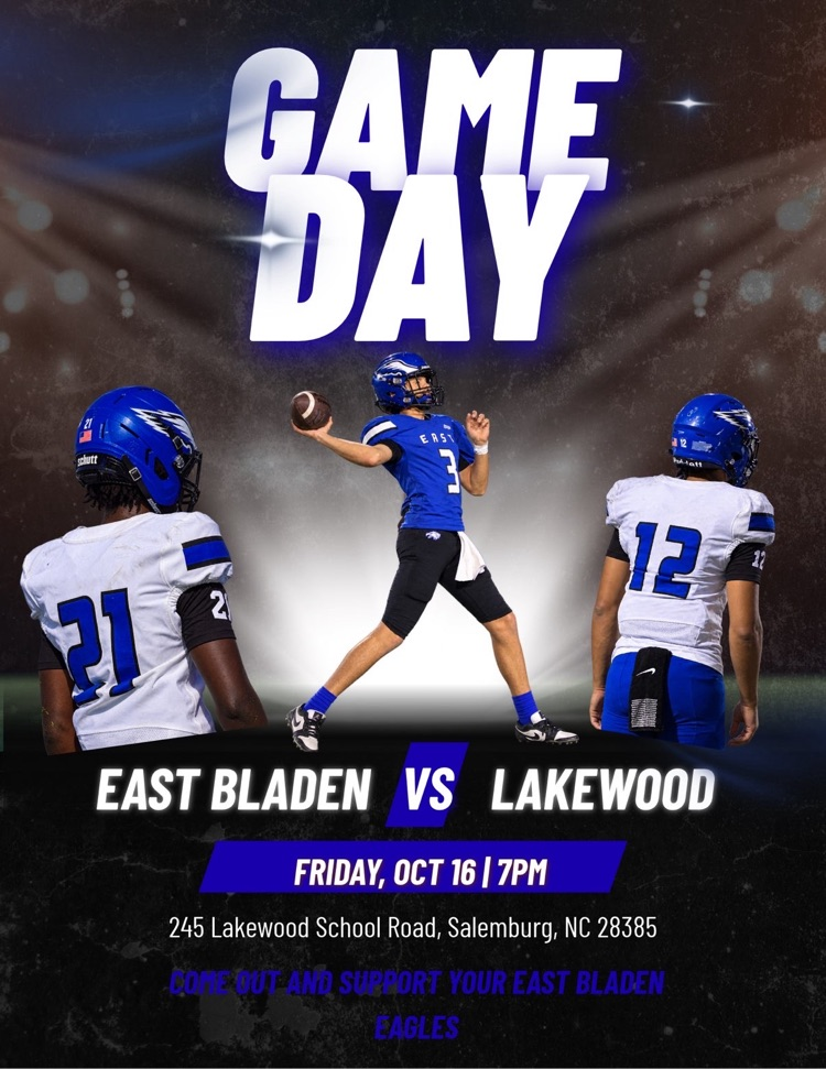 Grey flyer with three football players on at East Bladen versus Lakewood