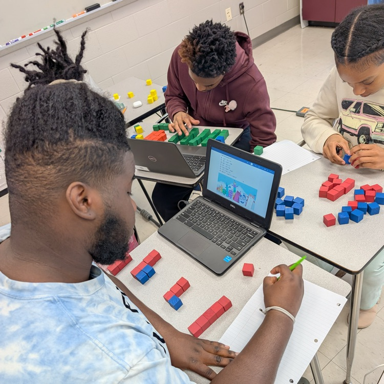 students working with red blue and green blocks at their tables with laptops