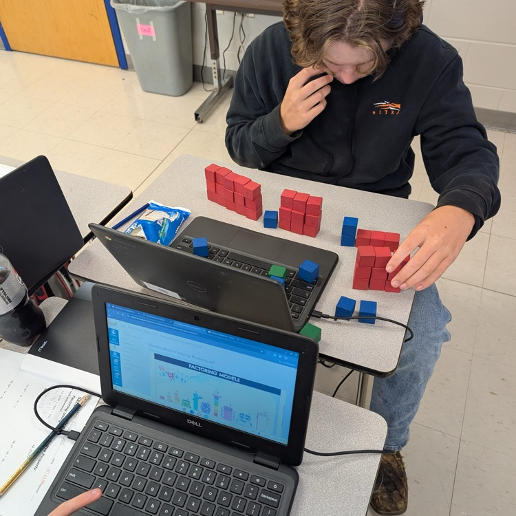 students working with red blue and green blocks at their tables with laptops