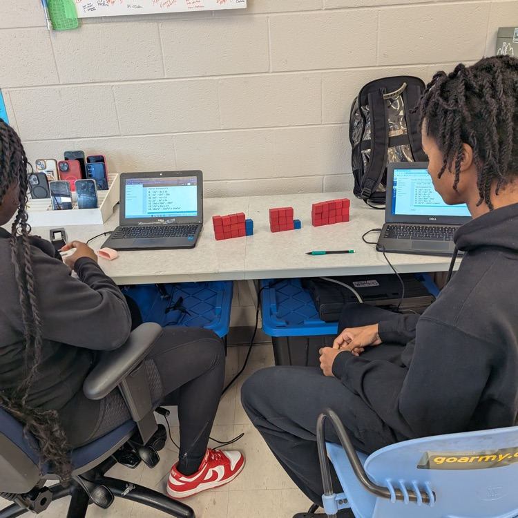 students working with red blue and green blocks at their tables with laptops
