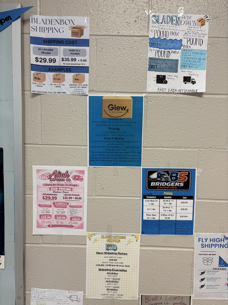 cinderblock wall with pictures of flyers with shipping price prices ad advertisement