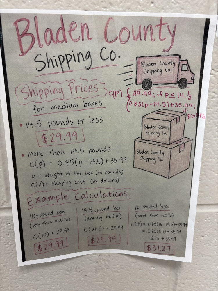 student example of a shipping price advertisement using functions they learned in math three
