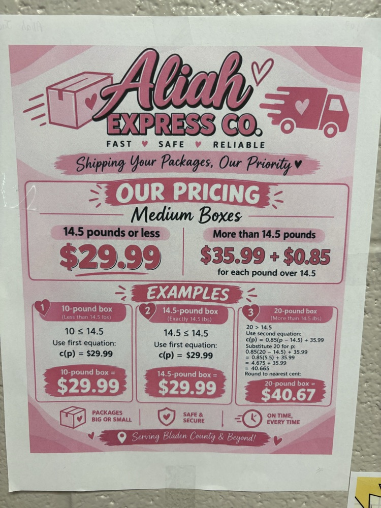 student example of a shipping price advertisement using functions they learned in math three