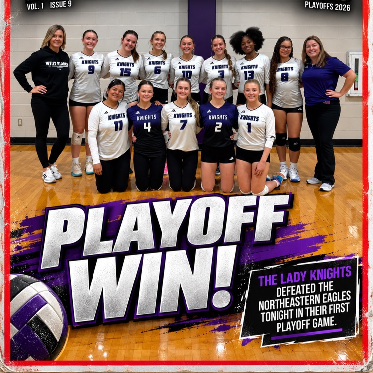 West Bladen Lady Knights volleyball team and coaches pose on a gym floor in a Knights Illustrated magazine-style graphic celebrating a 3-0 playoff sweep over the Northeastern Eagles.