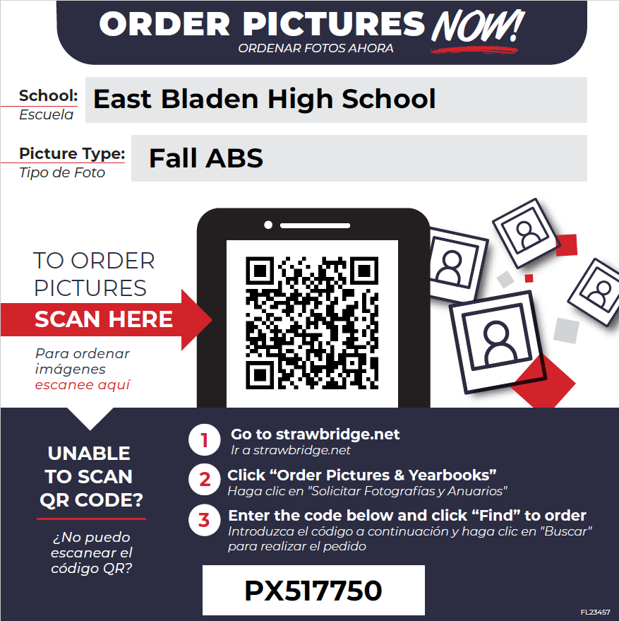 blue and white flyer with a phone screen and wr code on it. There are stock poloriad pictures on it and info about how to order school pictures. 