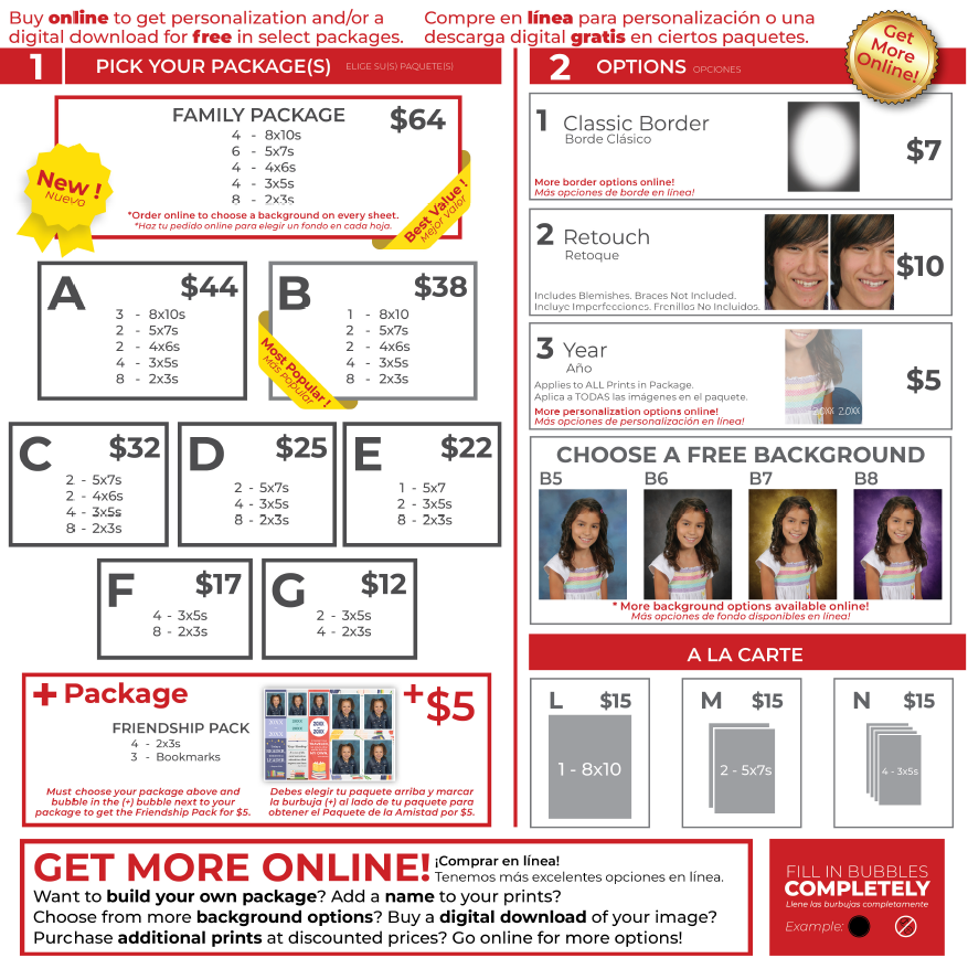 White and red flyer with several boxes on it that include different packages. Some of the boxes have pictures that demonstrate the different color backgrounds. 