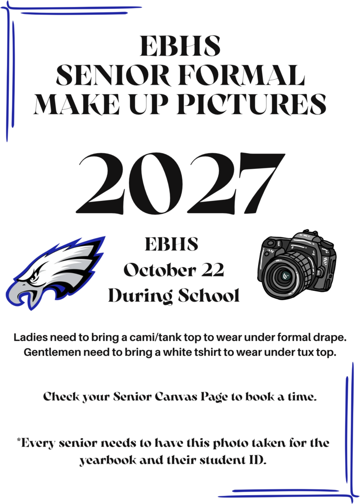 Flyer with a camera and eagle, 2027 in the middle blue framed corners, and info about make up pictures for senior portraits. 