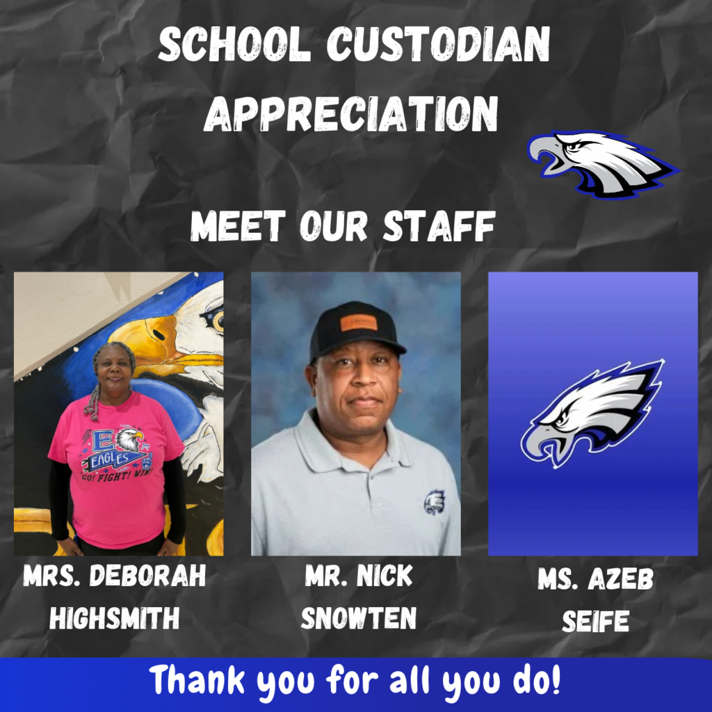 Grey background that looks like crinkled paper, with an eagle, and two pictures of our school custodians, and an eagle picture of another who is not pictured.