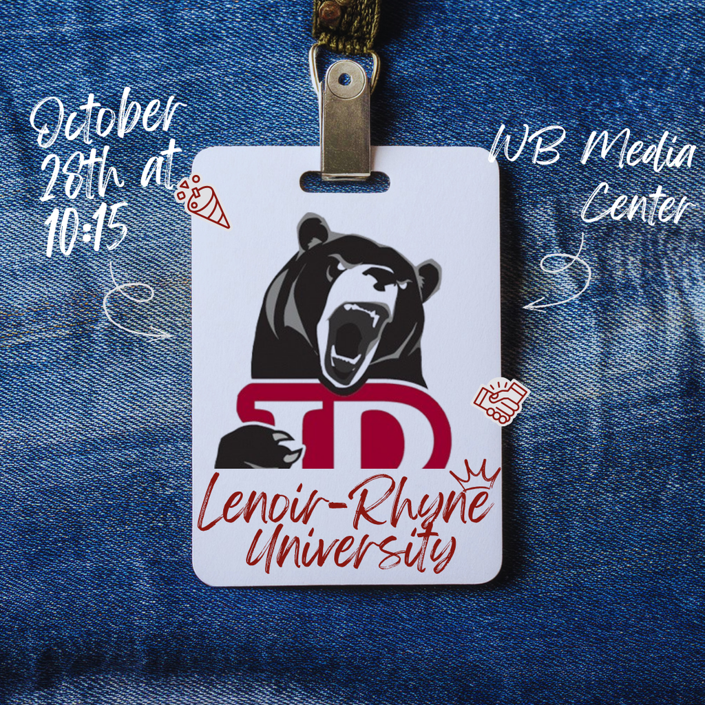 Graphic promoting a Lenoir-Rhyne University information session on October 28th at 10:15 AM in the WB Media Center. The design features a blue denim background with a hanging name badge displaying the Lenoir-Rhyne Bears logo and university name. White handwritten text lists the event date, time, and location, with small red decorative icons.