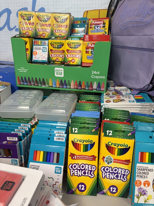 Stocks of crayons, colored pencils, and markers.