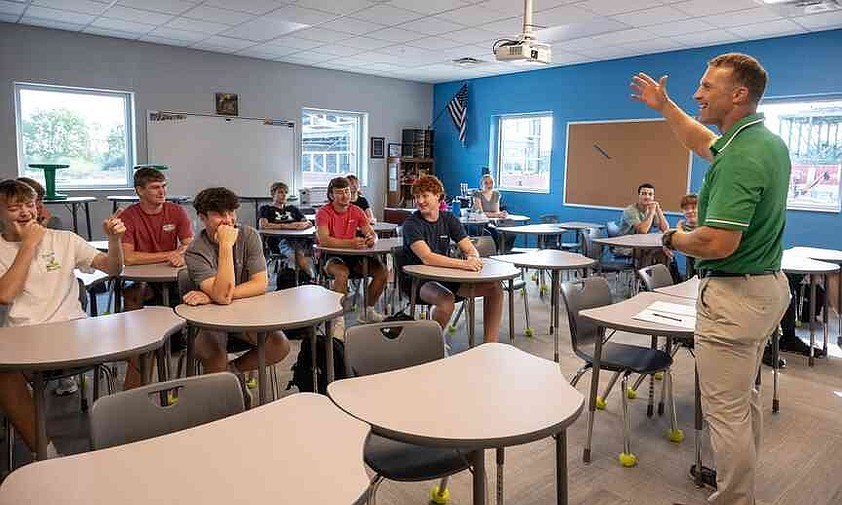 Julie Smith/News Tribune photo: American history teacher Nathan Holtmeyer conducts classroom activities in his new room Monday, Aug. 18, 2025, at Blair Oaks High School in Wardsville. Holtmeyer's classroom was previously located on the mezzanine above the gymnasium, but all of those rooms have been moved into the new addition of the school.