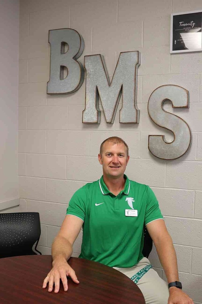 Anna Campbell/News Tribune photo: New Blair Oaks Middle School Principal Matt Verslues is shown in his office at the school in Wardsville.