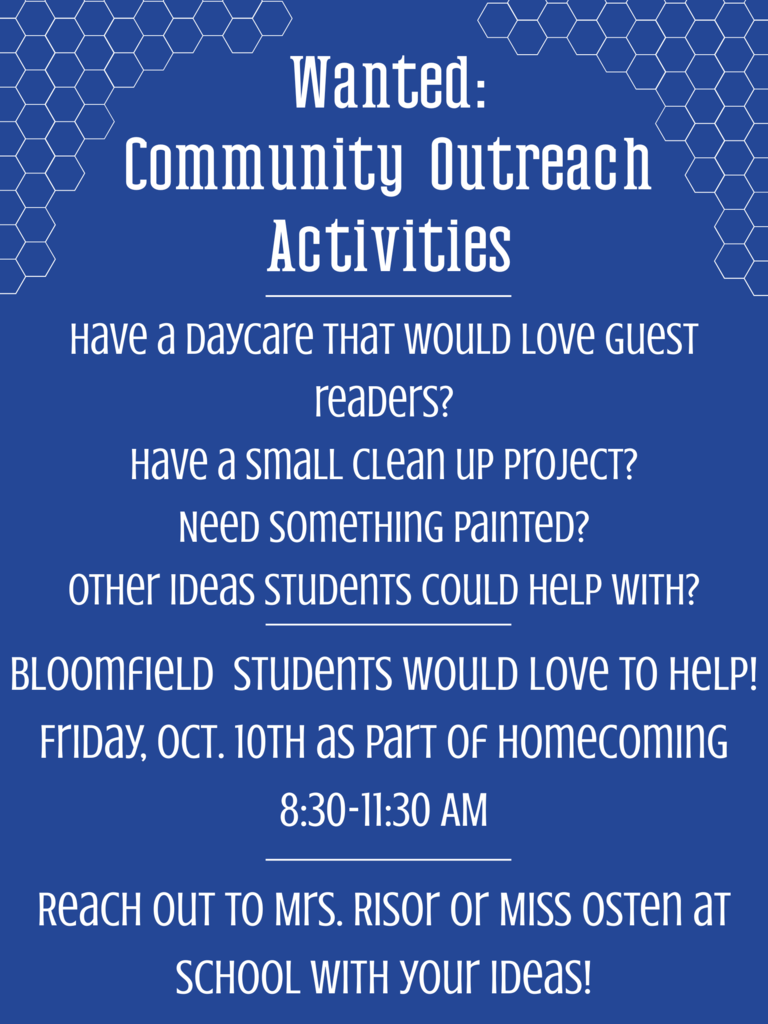 Blue flyer with honeycomb border design. The heading reads: “Wanted: Community Outreach Activities.” The flyer asks if community members have a daycare that would like guest readers, small clean-up projects, painting needs, or other ideas students could help with. It states that Bloomfield students would love to help on Friday, Oct. 10th from 8:30–11:30 AM as part of Homecoming. Contact Mrs. Risor or Miss Osten at the school with ideas.