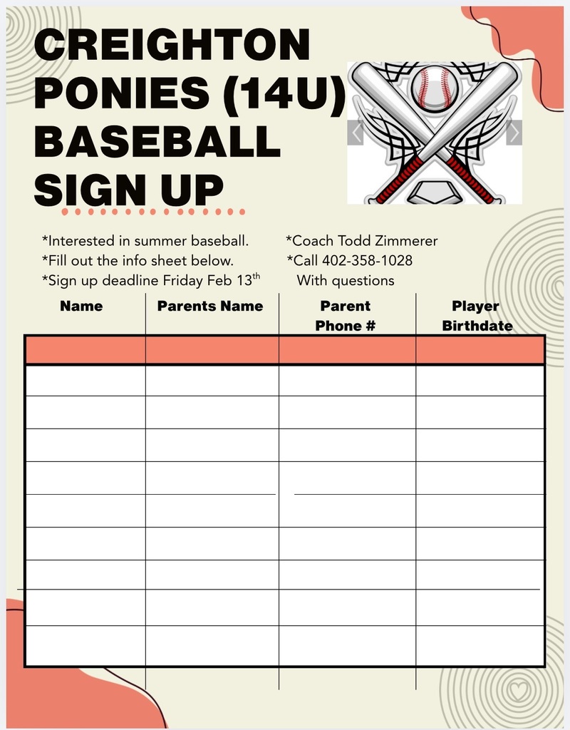 Creighton POnies Baseball Sign Up Sheet