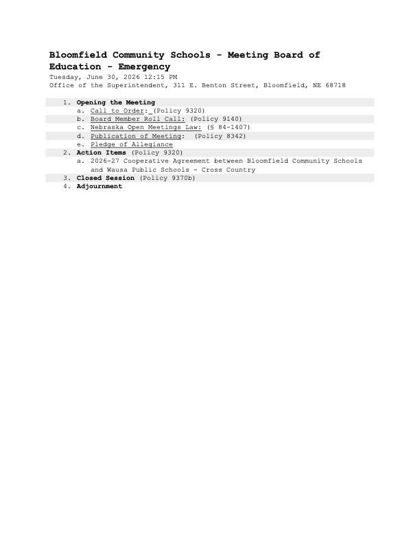 Emergency Board Meeting Agenda