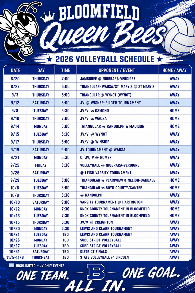 2026 Bloomfield Queen Bee Volleyball Schedule
