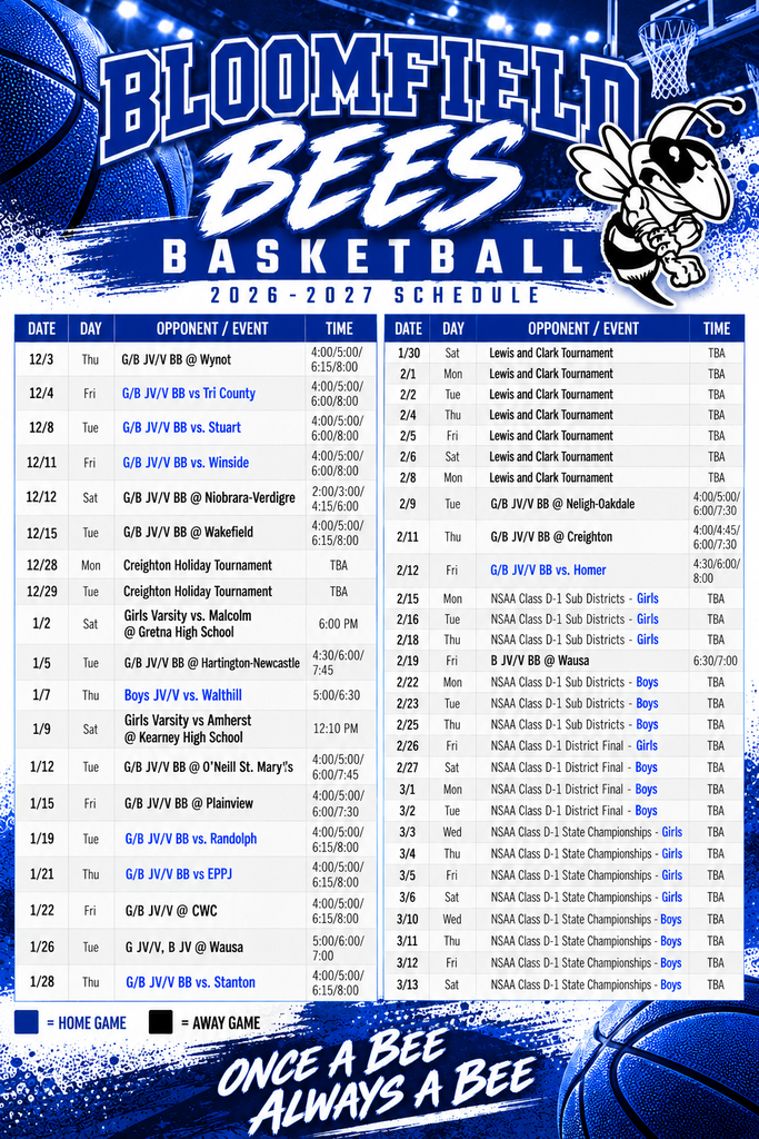 bloomfield bees basketball schedule