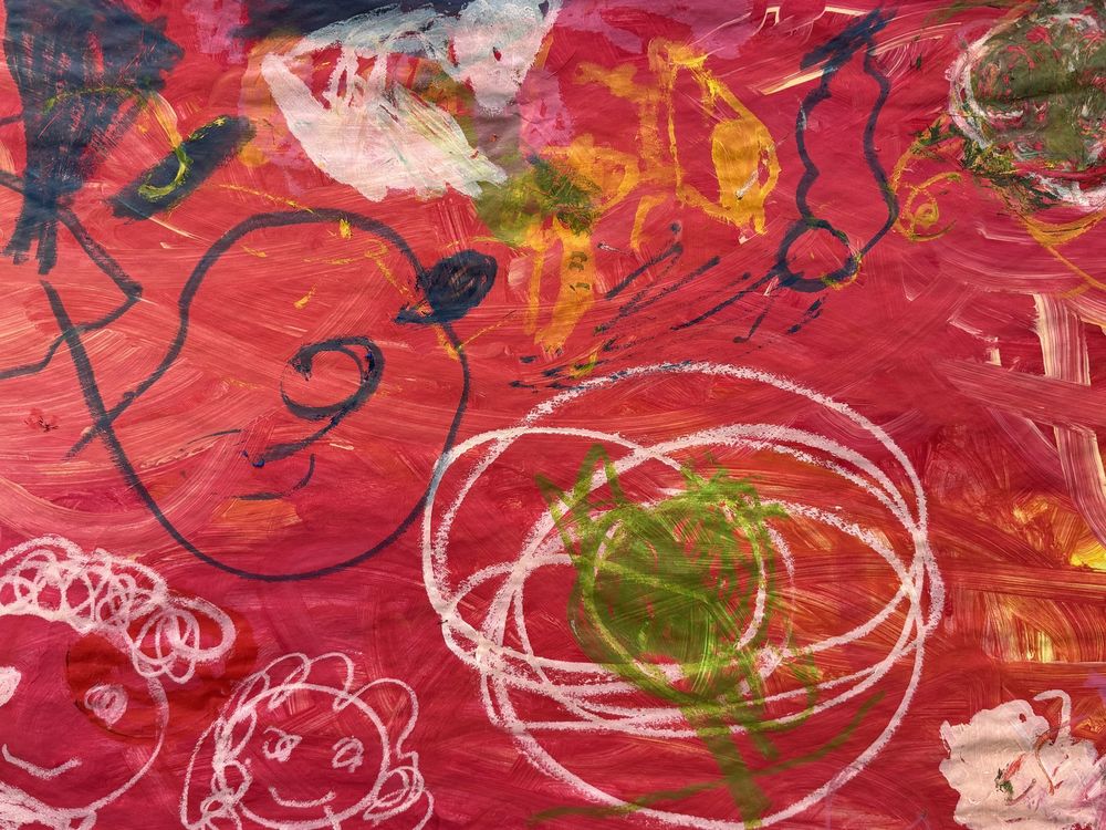 Child's art with paint and crayon