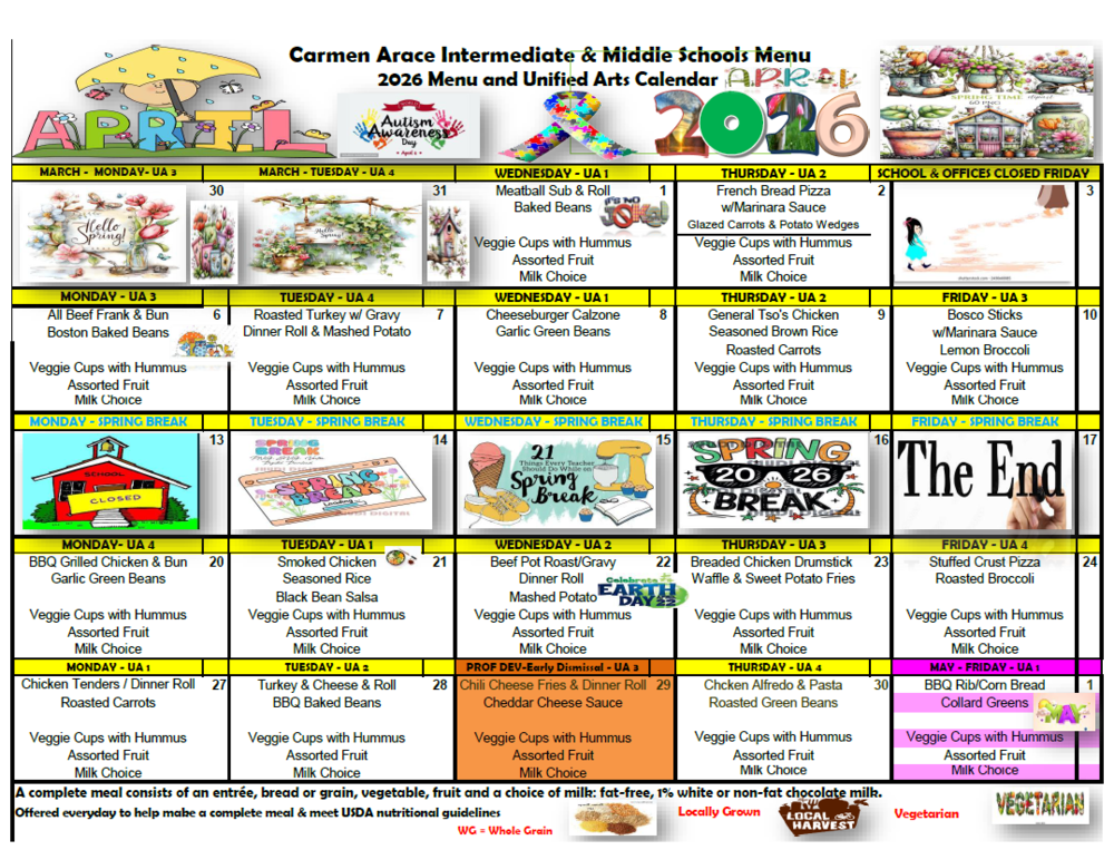 April 2026 Lunch & UA Menu