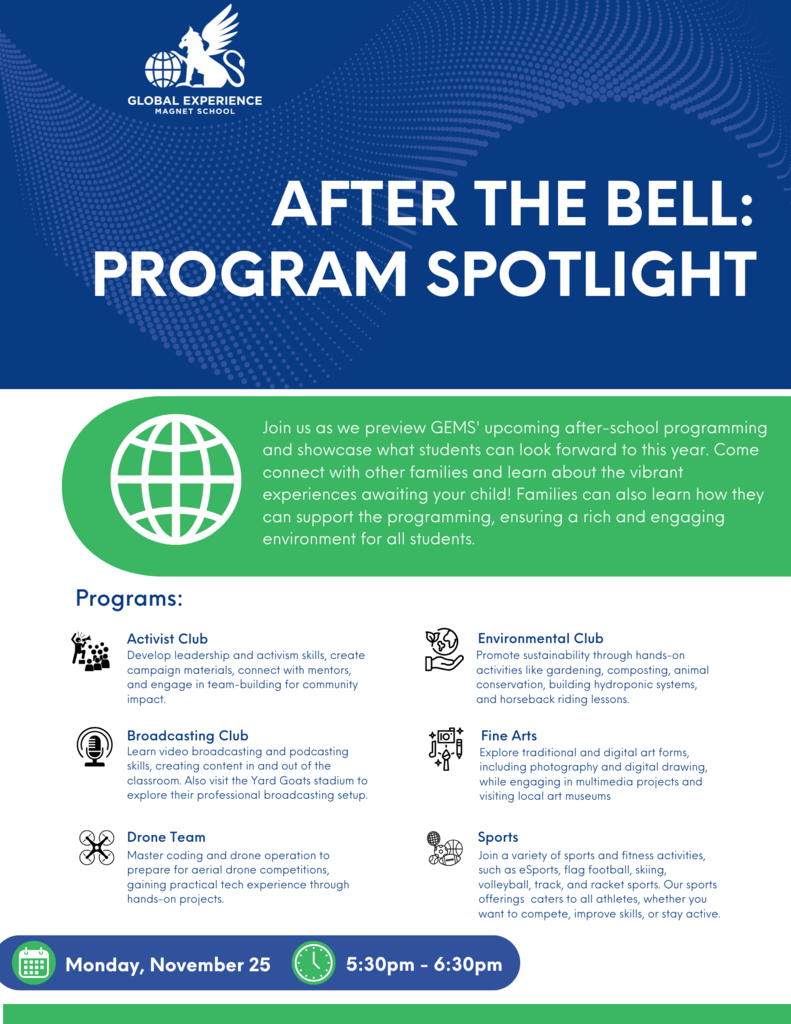 After The Bell: Program Spotlight on Monday, November 25th from 5:30pm to 6:30pm