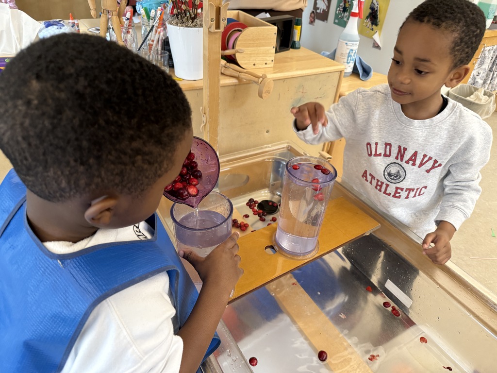 Two boys playing in water table with cranberries.