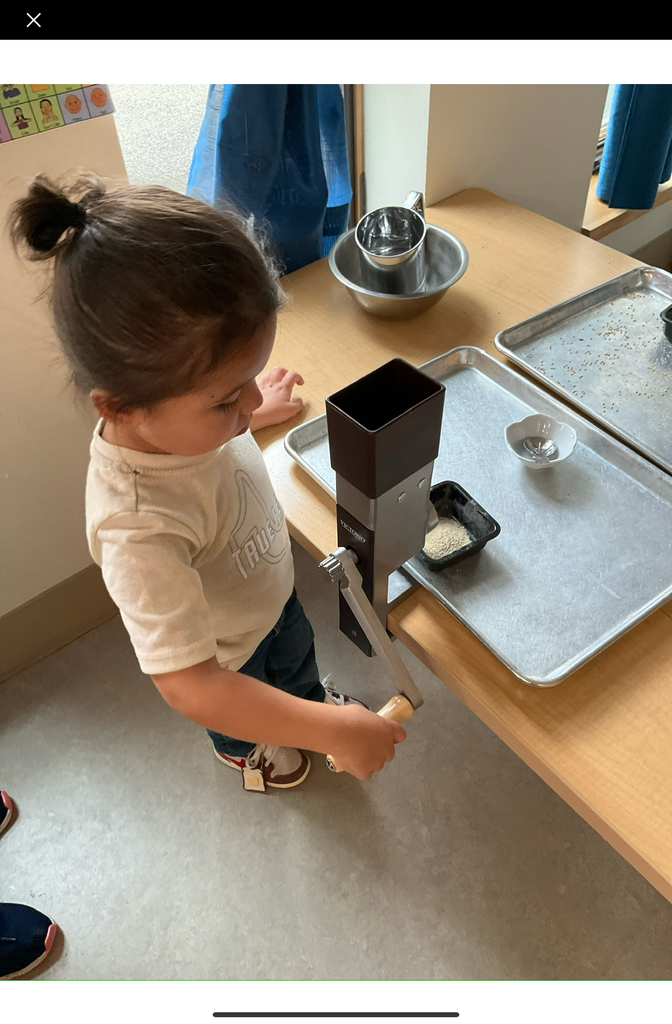 Young child cranking a hand grinder to make flour.