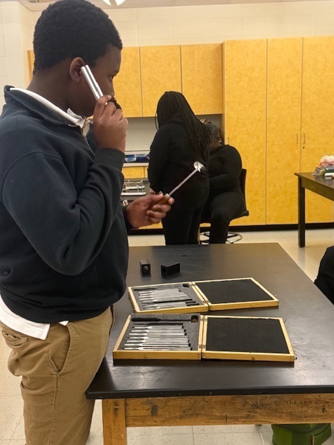 Student listens to an instrument