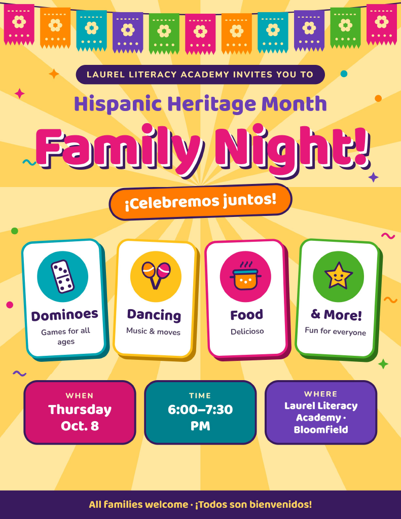 Laurel Family Night celebrating Hispanic Heritage Month is on October 8 at 6 PM