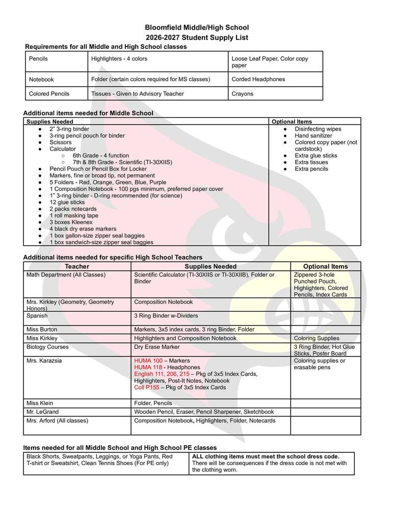 School Supply List