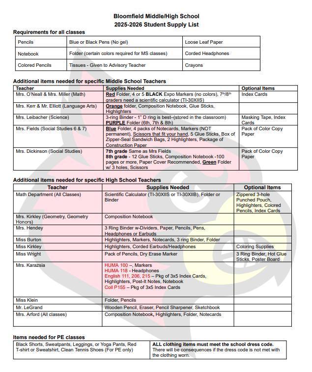 School Supply List
