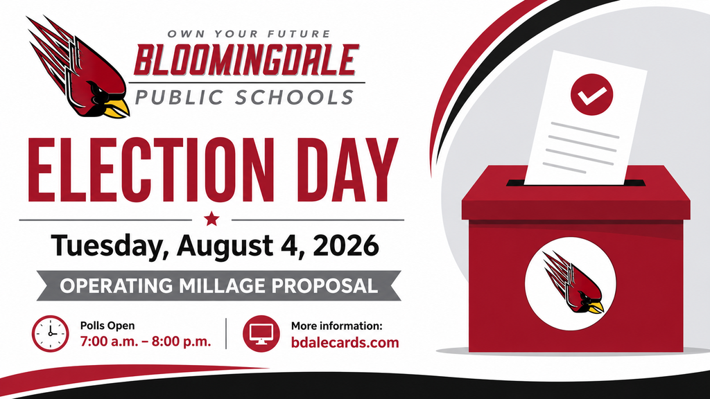 Flyer stating election day is August 4 , there is an operating millage proposal on the ballot, polls are open 7am to 8pm, and more info at bdalecards.com