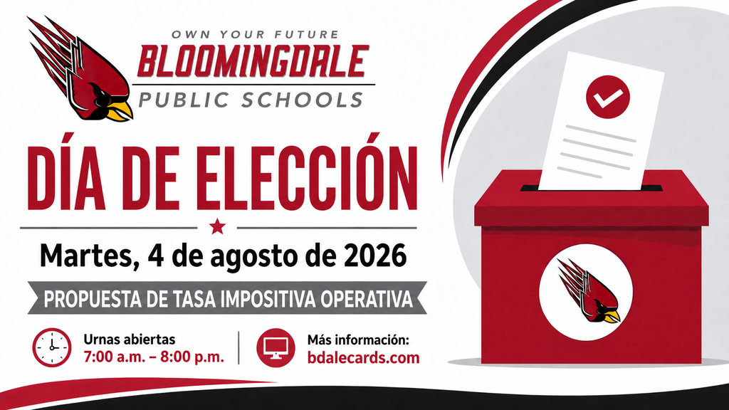 Folleto que indica que el día de las elecciones es el 4 de agosto, que hay una propuesta de tasa impositiva operativa en la boleta, que las urnas estarán abiertas de 7:00 a. m. a 8:00 p. m. y que se puede obtener más información en bdalecards.com.