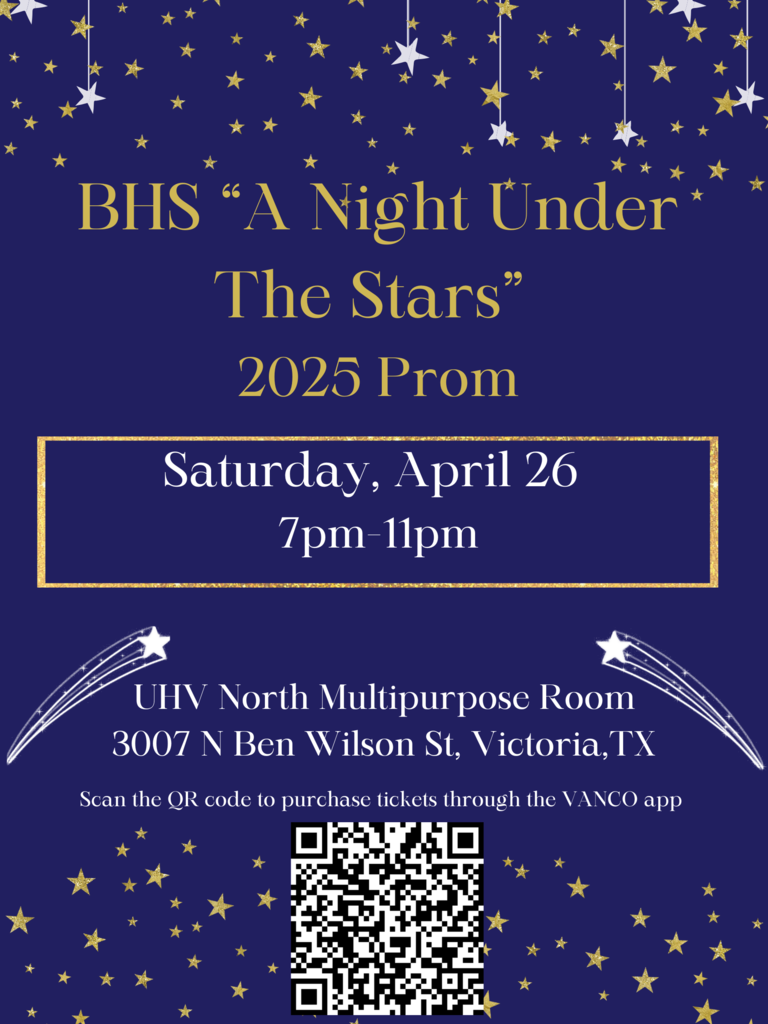 blue background and white letters with prom info! yellow stars and the QR code for tickets!