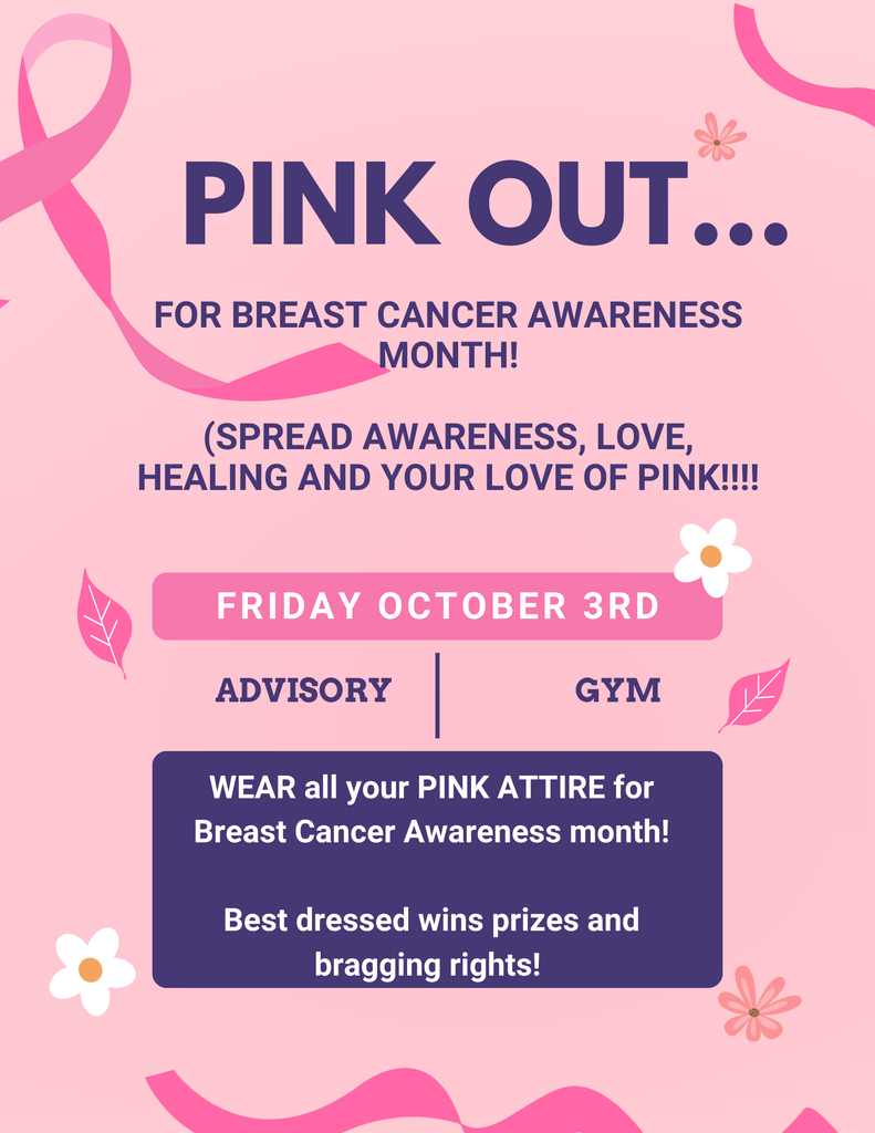 pink background with white and purple font explaining October 3rd pink out pep rally!