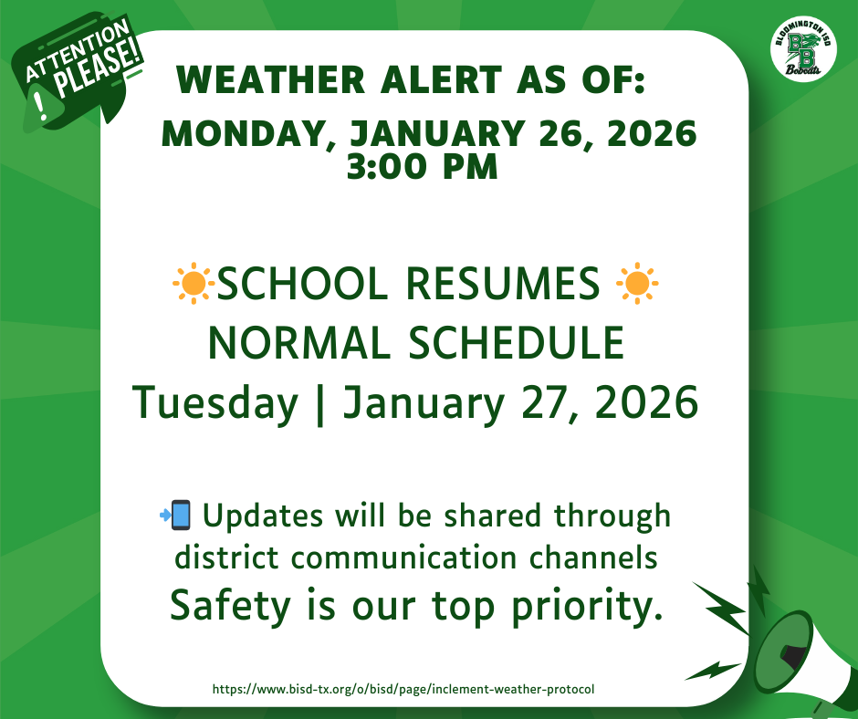 SCHOOL RESUMES NORMAL SCHEDULE TUESDAY, JANUARY 27, 2026