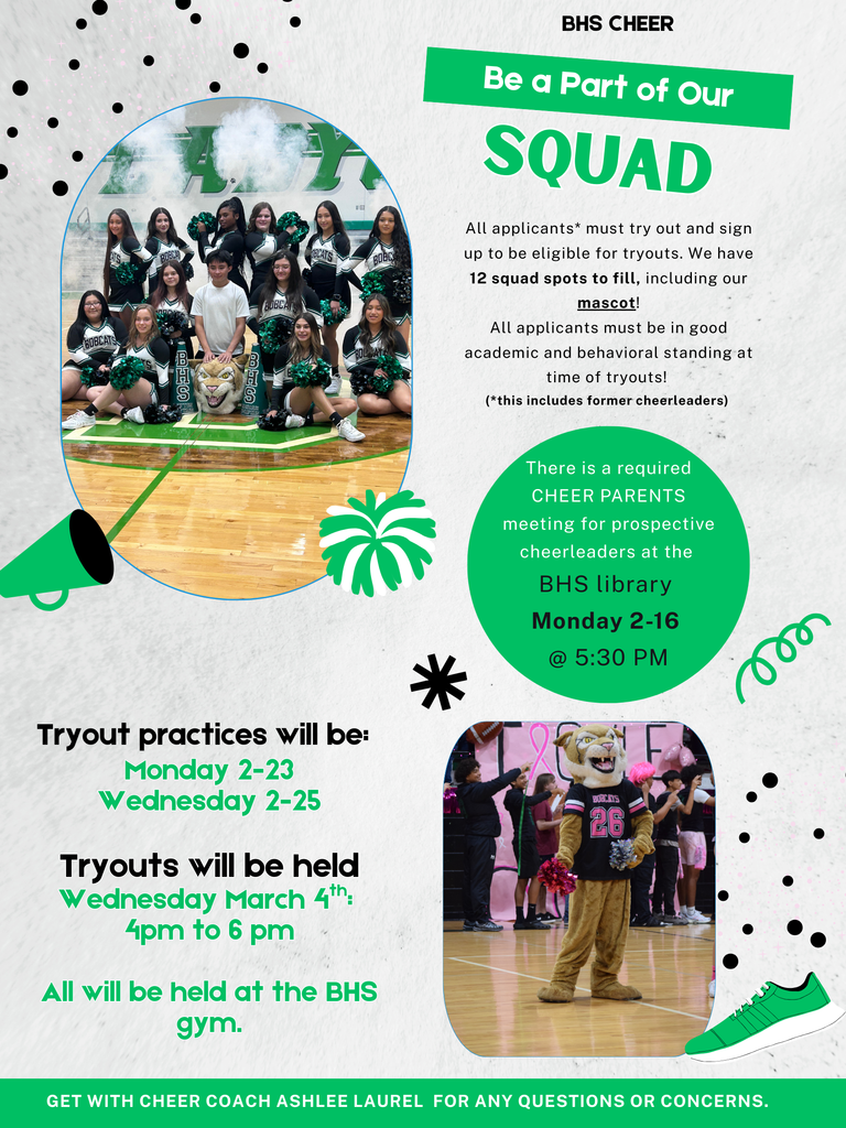 green and white cheer flyer with info and picture of mascot