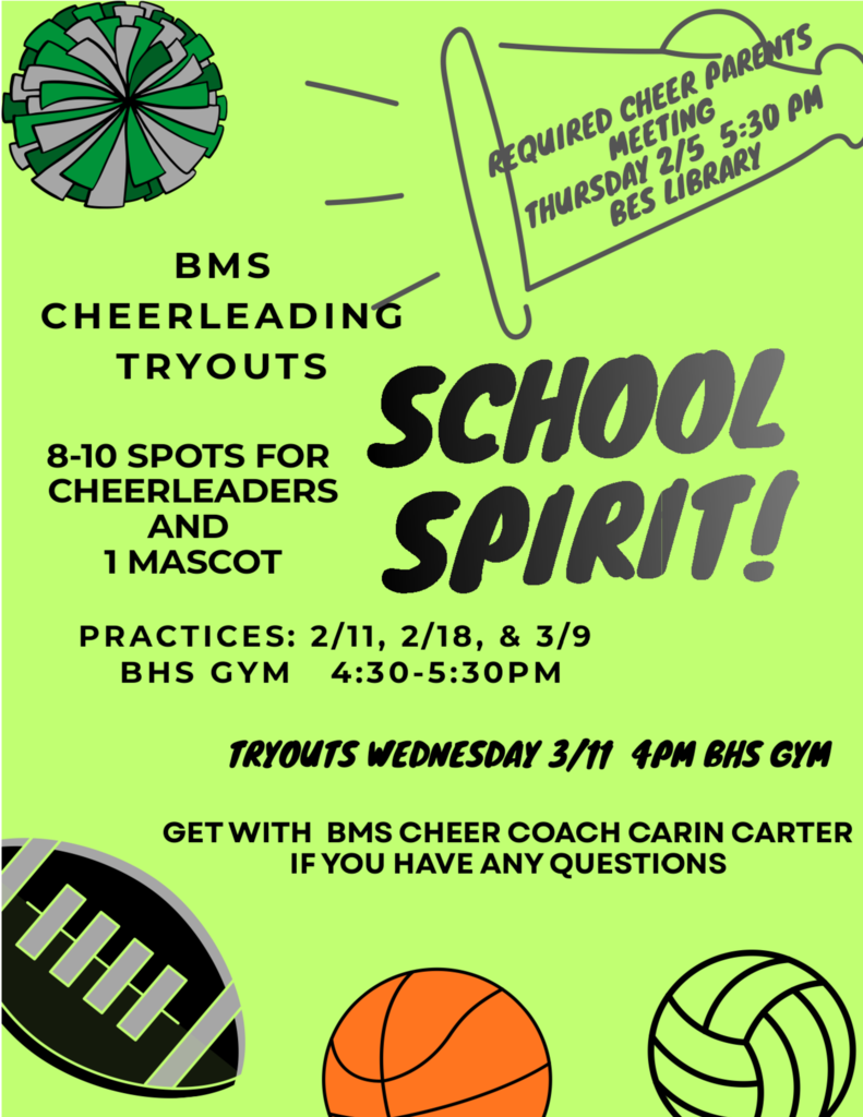 BMS Cheer tryout flyer with information